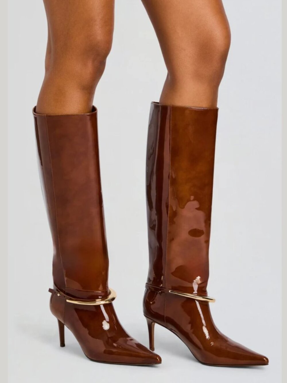 Retrofete Sancia Patent Leather Tall Boots Brown Gold Stiletto Pointed Toe